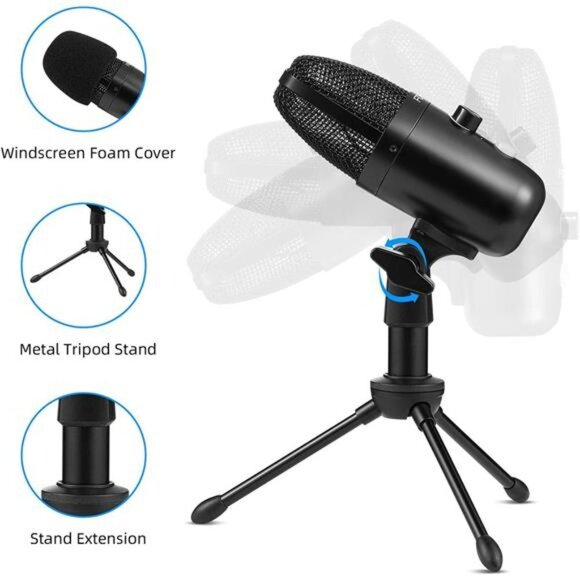 USB Plug&Play Computer Microphone, Professional Studio PC Mic with Tripod - Picture 4 of 6